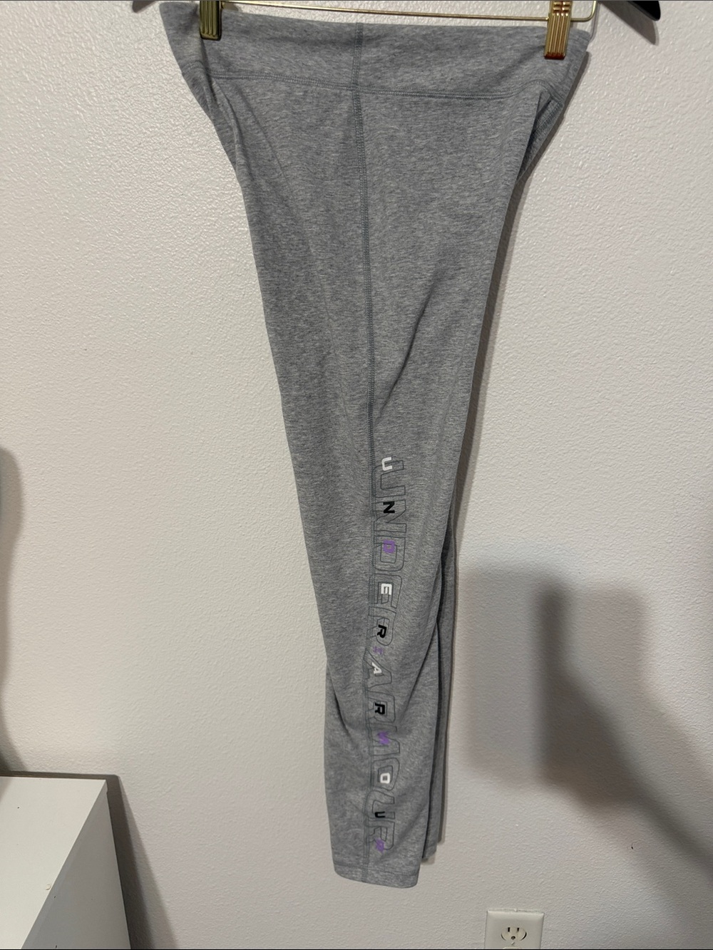 Under Armour Gray Leggings with Vertical Logo and Purple Accents